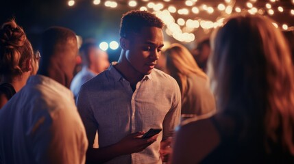 Social media rumors affecting a man at a party. Featuring distraction and concern