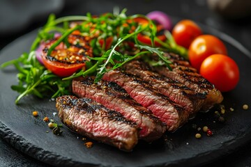 Grilled Steak with Tomatoes and Arugula on Slate Plate for Gourmet Dining and Menu Design