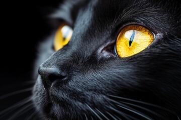 Black cat close-up, glowing eyes, dark background, pet portrait