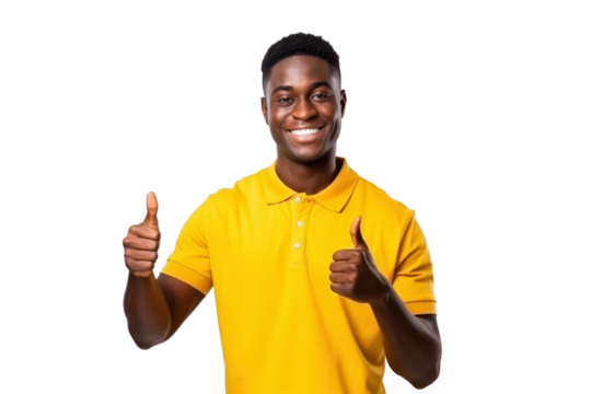 smiling afro man in yellow t-shirt showing thumbs up symbolizing success or agreement isolated on white or transparent png - Powered by Adobe