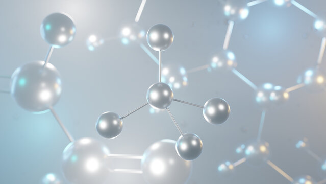 carbon tetrafluoride molecular structure, 3d model molecule, tetrafluoromethane structural chemical formula view from a microscope