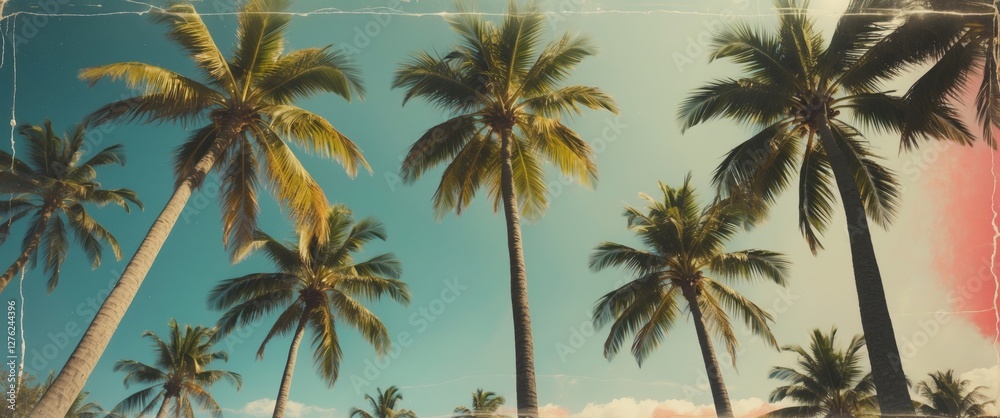 Poster vintage style view of palm trees from ground with soft film light leaks and ample empty space for te