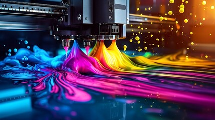Colorful ink jets printing vibrant design.