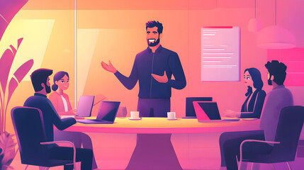 A photo of a young male manager smiling and standing, speaking to team members
