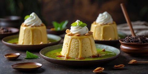 Traditional Indonesian Es Palu Butung Dessert Displayed on Plates with Cream and Nuts Against Dark Background Copy Space for Text