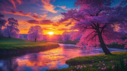Obraz premium Serene Spring Sunset Over River Surrounded by Blooming Trees and Reflection in Water for Tranquil Nature Scene