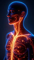 Illustration of human torso with highlighted internal anatomy, including muscles, bones, and a glowing representation of the vagus nerve for VNS (Vagus Nerve Stimulation) education.