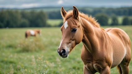 Obraz premium Close-up of a young flaxen foal in a green meadow with gentle sunlight and blurred background of other horses grazing in the distance.