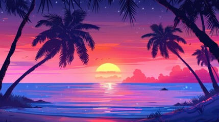 Vibrant sunset over a tranquil beach with palm trees silhouetted against colorful sky and gentle waves