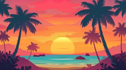 Fototapeta premium Vibrant sunset over a tropical beach with palm trees silhouetted against colorful skies and tranquil waters