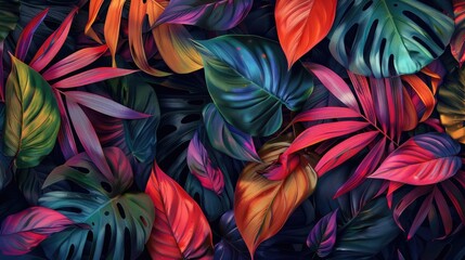 Vibrant tropical leaves in an artistic arrangement showcasing rich colors and textures against a dark background