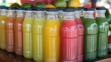 Fresh tropical juices in colorful bottles, showcasing vibrant flavors and healthy options. Perfect for refreshing drink on sunny day