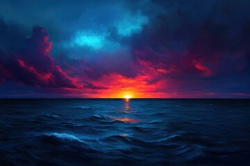 Vibrant sunset over ocean waves, dramatic sky, peaceful scene, desktop wallpaper