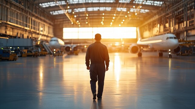 Aircraft Engineer Walking in Sunset-lit Hangar with Aircrafts in Background, Aviation Industry Insight and Engineering Excellence