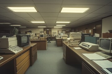 1990s office interior with cubicles, CRT monitors, and cluttered desks