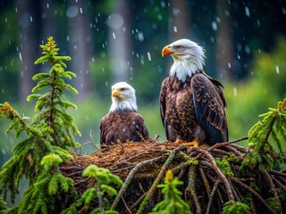 Majestic Bald Eagles Guarding Nestlings in Alaska's Tongass National Forest