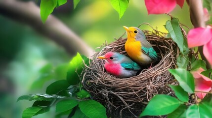 Bird in nest on tree in Spring.