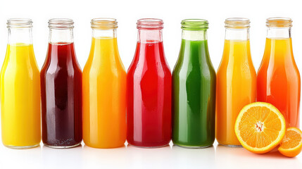 vibrant collection of fruit juices in glass bottles, showcasing variety of colors and flavors. refreshing drinks are perfect for healthy lifestyle