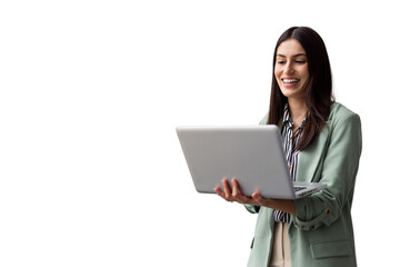 Modern Latina businesswoman interacting with a laptop she is holding