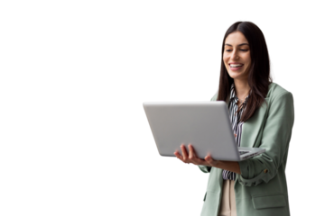 Modern Latina businesswoman interacting with a laptop she is holding
