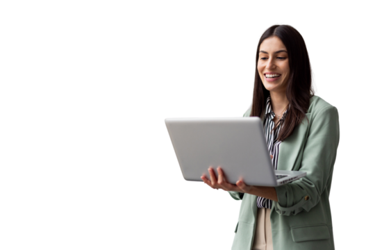 Modern Latina businesswoman interacting with a laptop she is holding