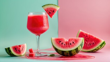 Refreshing Watermelon Juice in Glass with Slices on Pastel Background Perfect for Summer Beverage Promotion and Cooling Drink Ideas.