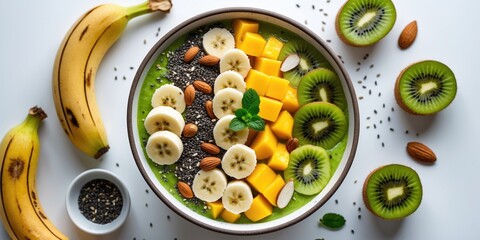 Vibrant Fruit Smoothie Bowl with Frozen Banana, Mango, Kiwi, Almonds, and Chia Seeds on a White Background Perfect for Health and Wellness Promotions