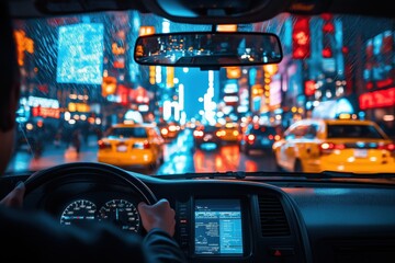 Backseat view of a taxi navigating a vibrant city at night