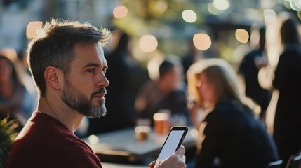 Social media rumors affecting a man at a social gathering. Featuring concern and distraction