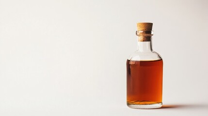 amber liquid in glass bottle with cork