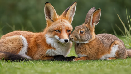 Fototapeta premium A fox and a rabbit are sitting together. Animal friendship concept. 