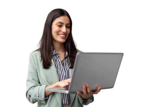 Young Latina CEO using a laptop while standing