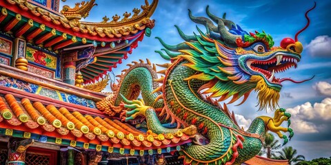 Obraz premium Majestic Chinese Dragon Temple Statue: Asian Cultural Heritage & Mythology