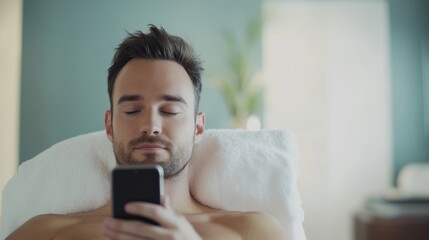 Social media rumors affecting a man at a spa. Featuring anxiety and distraction