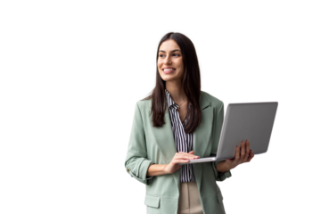 Professional Latina woman balancing a laptop in her hands while working