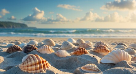 Seashells on Sandy Beach with Ocean Waves in the Background and Space for Text Overlay