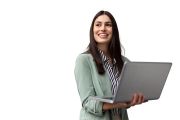Successful Latina entrepreneur analyzing data on a laptop she is holding