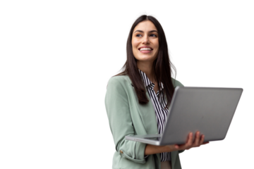 Successful Latina entrepreneur analyzing data on a laptop she is holding