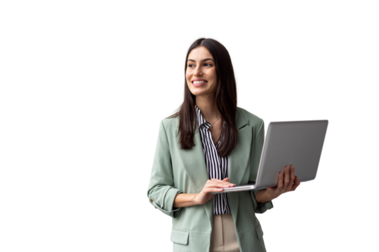 Professional Latina woman balancing a laptop in her hands while working