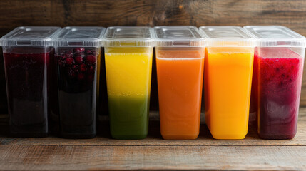 Fototapeta premium Assorted fruit juices in clear containers, showcasing vibrant colors and fresh ingredients. Perfect for healthy lifestyle or refreshing beverage options