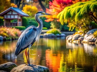 Majestic Great Blue Heron at Serene Lake, Japanese Garden