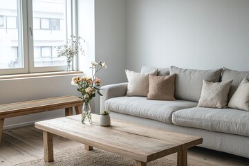 A modern minimalist interior design for a living room with a table and sofa. Generative AI

