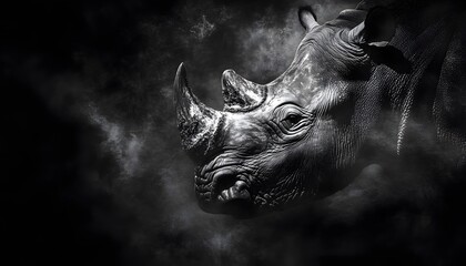 A powerful monochrome portrait of a rhinoceros in darkness