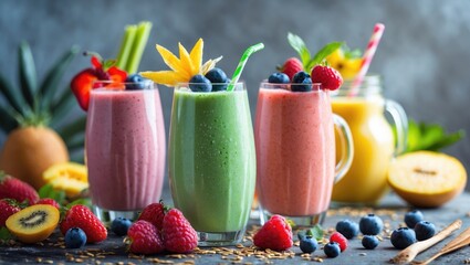 Vibrant Assorted Smoothies with Fresh Fruits for a Nutritious Breakfast Delight and Healthy Lifestyle Promotion
