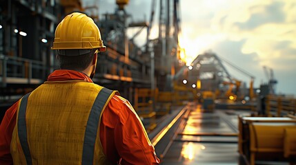 Worker Overseeing Oil Rig Operations at Dusk with Technology and Engineering Elements Highlighted in Industrial Scene