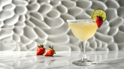 Bright margarita cocktail with salted rim, garnished with lime and strawberry, set against textured background. Perfect for summer gatherings and celebrations