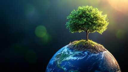 A single tree growing on top of a miniature Earth.