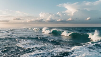 Fototapeta premium Serene Ocean Waves with Soft Morning Sky and Open Space for Text Overlay