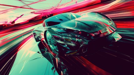 Futuristic sports car racing through a vibrant neon cityscape, showcasing speed and technology in motion