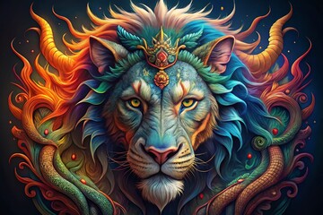 Fototapeta premium Majestic Lion Head Dragon Tattoo Aerial View - Fantasy Art